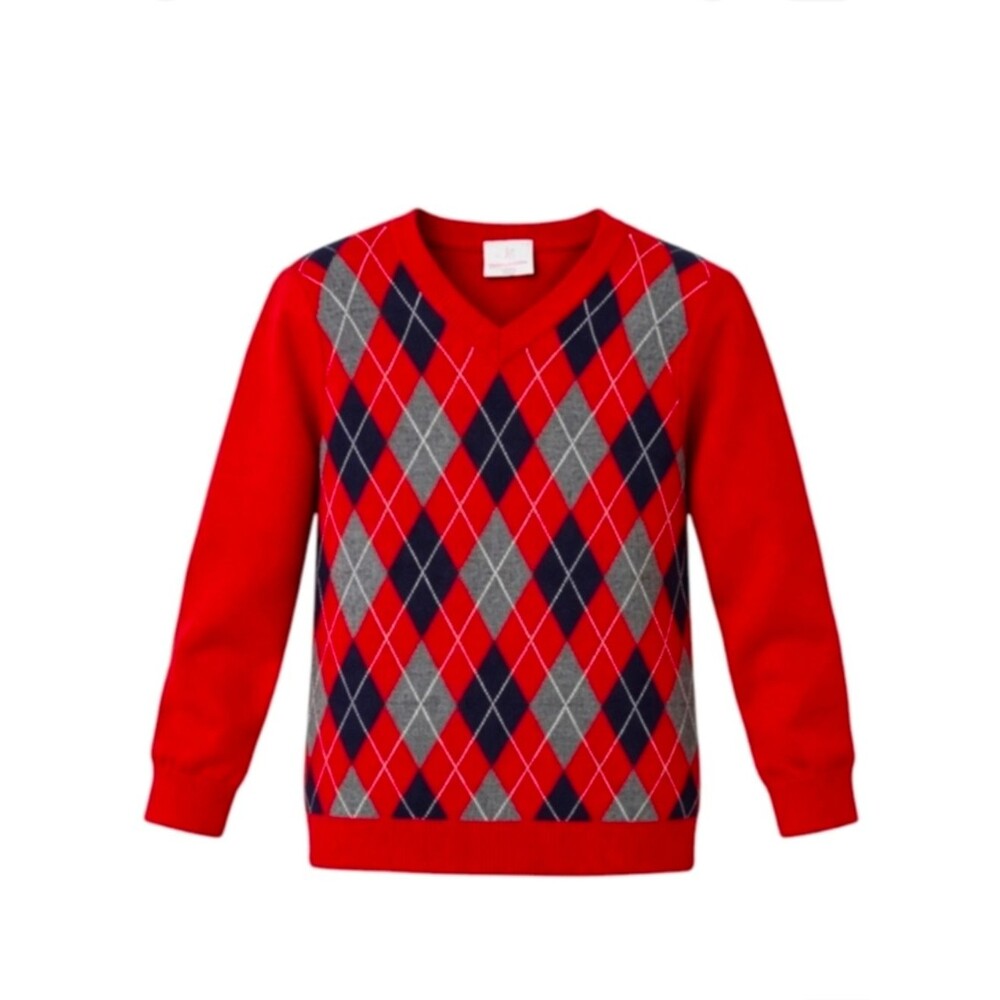 Hanna Andersson red argyle holiday Christmas cotton sweater boys size 120 6 7
